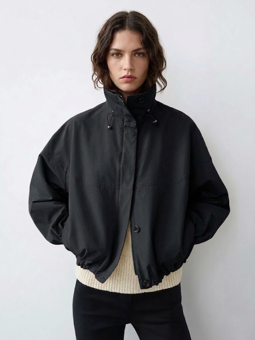 Snap-Button Bomber Jacket Black